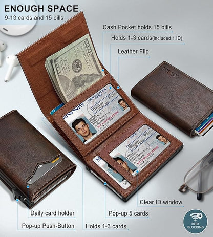 miyozi Wallet for Men,with Cash Pocket 2 ID Window 9-13 Cards,Metal Case Smart Slim Pop Up Credit Card Holder Flip with Magnetic Closure RFID Blocking Trifold wallet with Gift Box