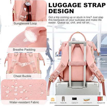 Lunch Backpack, 15.6 inch Laptop Backpack with Insulated Lunch Bag, Backpack Cooler for Women, Large Travel Backpack Lunch Box Compartment, Work Computer Backpack, Teacher College Book Bag, Pink