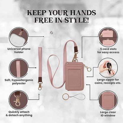 MONDO DESIGNS 2-in-1 ID Badge Holder with Lanyard - Multi-Use Lanyard Keychain Wallet for Women, Small Keychain Wristlet Wallet with Strap & Lanyards for ID Badges, Phone & Card Holder - Nude Pink