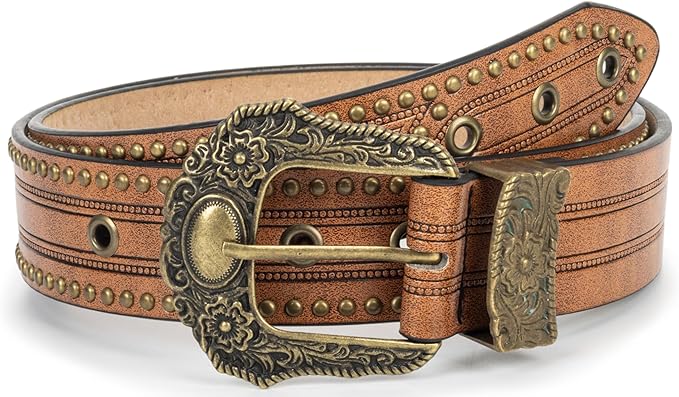 Mealah Vintage Western-Cowboy-Belt for Women Men - Carved Buckle PU Leather Waist Belts (for Waist 28"-38")