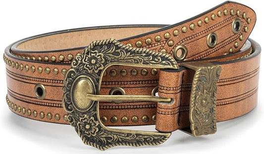 Mealah Vintage Western-Cowboy-Belt for Women Men - Carved Buckle PU Leather Waist Belts (for Waist 28"-38")