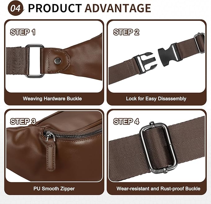 Faux Leather Belt Bag for Men, Crossbody Sling Bag with Adjustable Strap, Back Zipper Pocket, Large Capacity Waist Pack for Travel, Work, Every, Brown