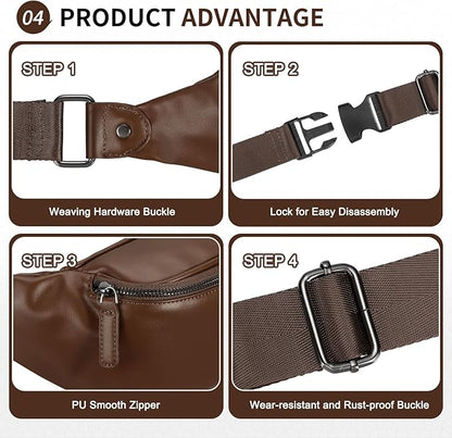 Faux Leather Belt Bag for Men, Crossbody Sling Bag with Adjustable Strap, Back Zipper Pocket, Large Capacity Waist Pack for Travel, Work, Every, Brown