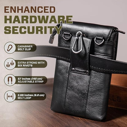 Hengwin Genuine Leather Small Crossbody Bag for Men Women, Cellphone Belt Pouch Bag, Travel Passport Wallet, Shoulder Holster (Black)