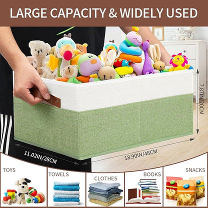 3 Pack Large Capacity Storage Bins Closet Organizer for Shelves, Fabric Closet Storage Baskets Boxes with Leather Handles for Organizing Clothes, Sheets, Jeans, Toys, Books (Green)