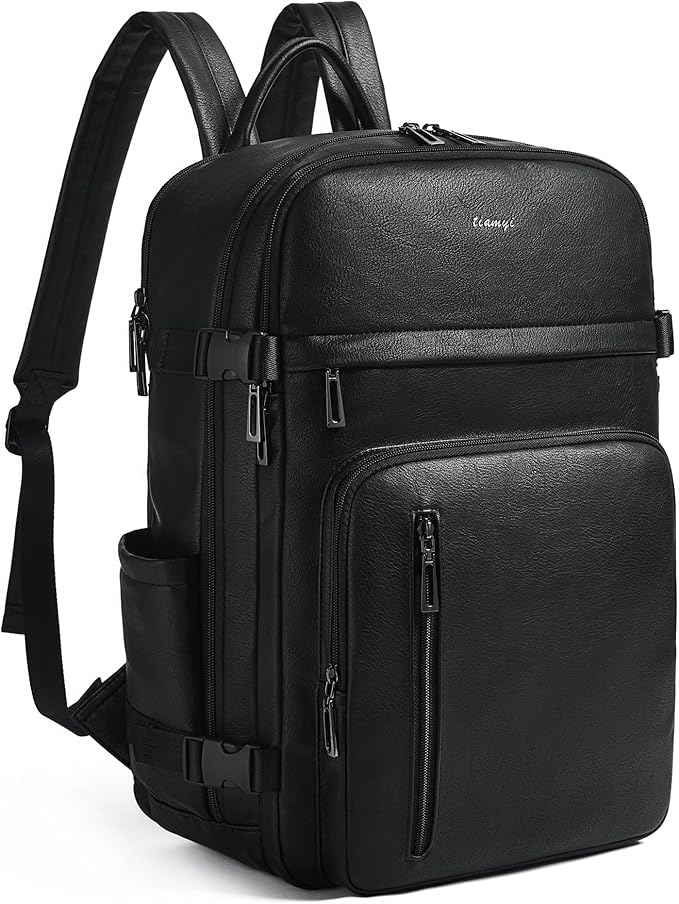 Travel Backpack for Women and Men, Fits 17.0" Laptop, Stylish Lay-Flat Carry-on Vegan Leather Backpack with Luggage Strap for Travel and Daily Use