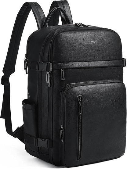 Travel Backpack for Women and Men, Fits 17.0" Laptop, Stylish Lay-Flat Carry-on Vegan Leather Backpack with Luggage Strap for Travel and Daily Use