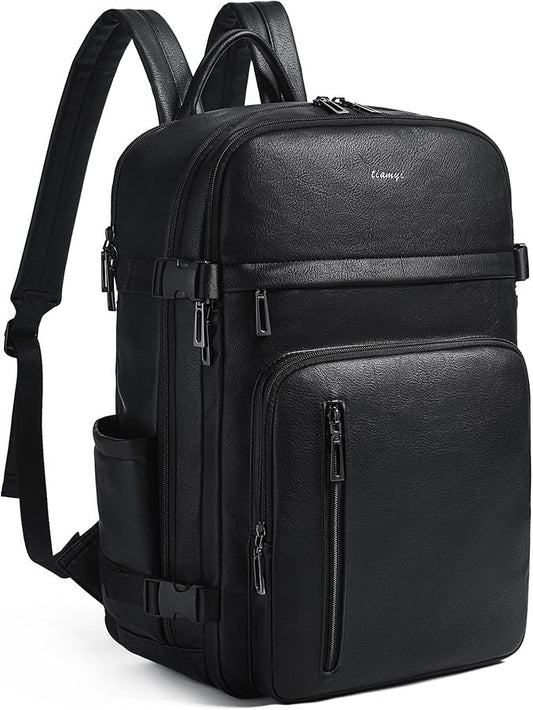 Travel Backpack for Women and Men, Fits 17.0" Laptop, Stylish Lay-Flat Carry-on Vegan Leather Backpack with Luggage Strap for Travel and Daily Use