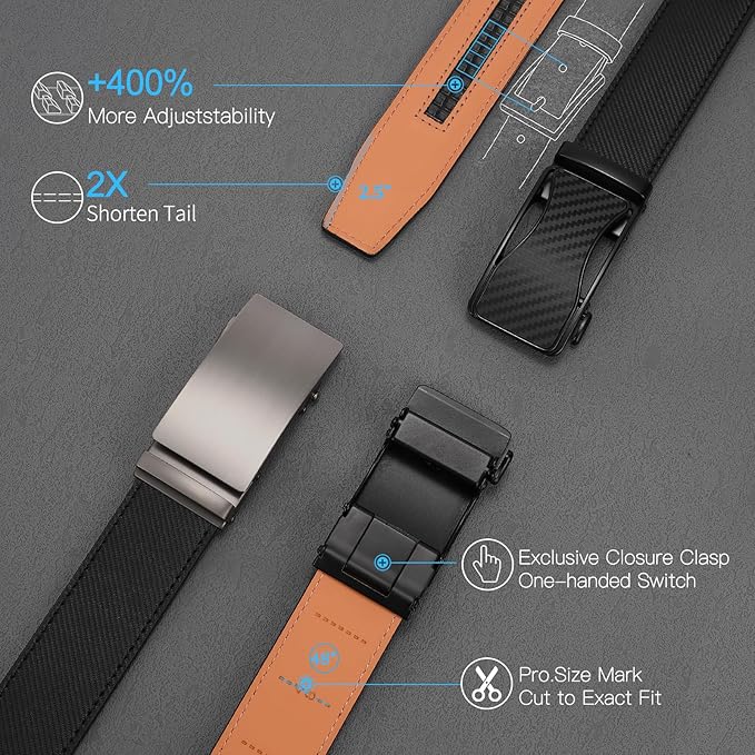 SENDEFN Men's Leather Belt Automatic Ratchet Buckle Slide Belt for Dress Casual Trim to Fit with Gift Box