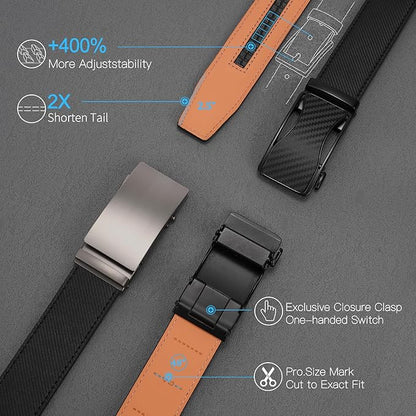 SENDEFN Men's Leather Belt Automatic Ratchet Buckle Slide Belt for Dress Casual Trim to Fit with Gift Box