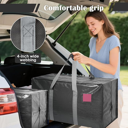 12 Pack Moving Bags with Full-Open Side Zipper, Extra Large 93L Heavy Duty Waterproof Foldable Storage Totes for College Dorm, Moving & Home Organization Gray