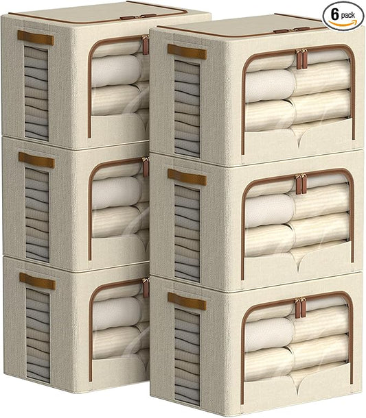 FHSQX 6 Pack Clothes Storage Bins - Foldable Storage Bins for Clothes Fabric Storage Box with Metal Frame (Beige, 19.7x15.7x13.8 inch)