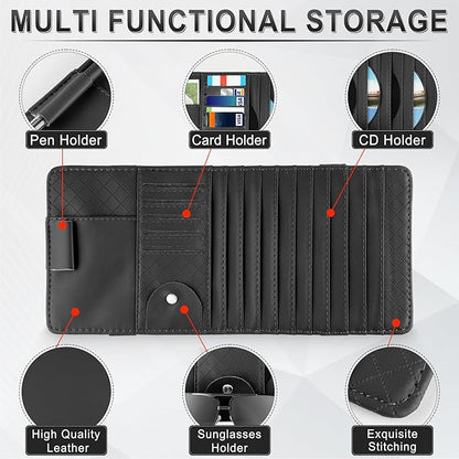 alpmosn Sun Visor CD Case Holder for Car - Multi-Function Visor Organizer with CD/DVD Storage, Eyeglass Clip, Card Slots & Pen Holder, Durable Leather Car Accessories (Black)