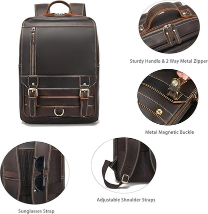 LANNSYNE Vintage Genuine Leather Backpack For Men Fits up to 16" Laptop Travel Hiking Rucksack