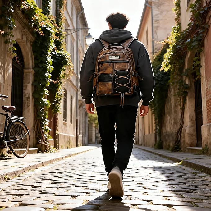 CHAO RAN Men Leather Backpack Waterproof Laptop Backpack Travel Business College Work Bag Fits Up To 17 Inch Laptop Brown