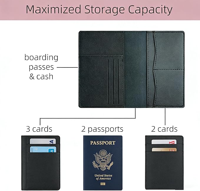 Handmade Travel Wallet for Men & Women - Dual Passport Holder, Ultra-Slim Leather Document Organizer (Black/Pink) (Black)