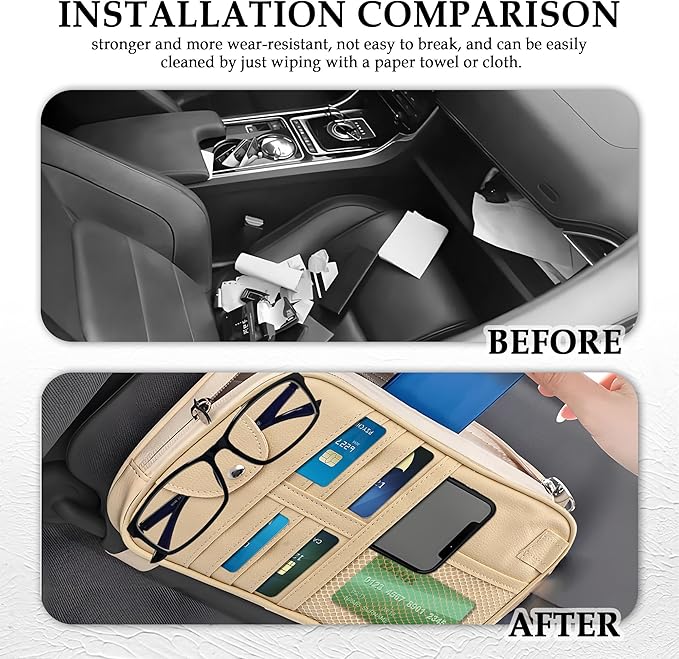 Upgrade Car Visor Organizer,Multipurpose Car Sun Visor Organizer with Sunglasses Holder for CCar Storage Bank Cards,Driver's License,PU Leather Truck VVisor Organizers for Most Vehicles (Beige)