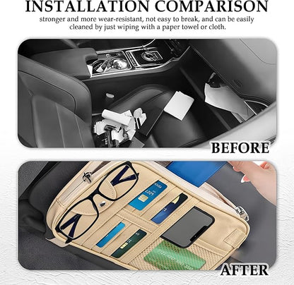 Upgrade Car Visor Organizer,Multipurpose Car Sun Visor Organizer with Sunglasses Holder for CCar Storage Bank Cards,Driver's License,PU Leather Truck VVisor Organizers for Most Vehicles (Beige)