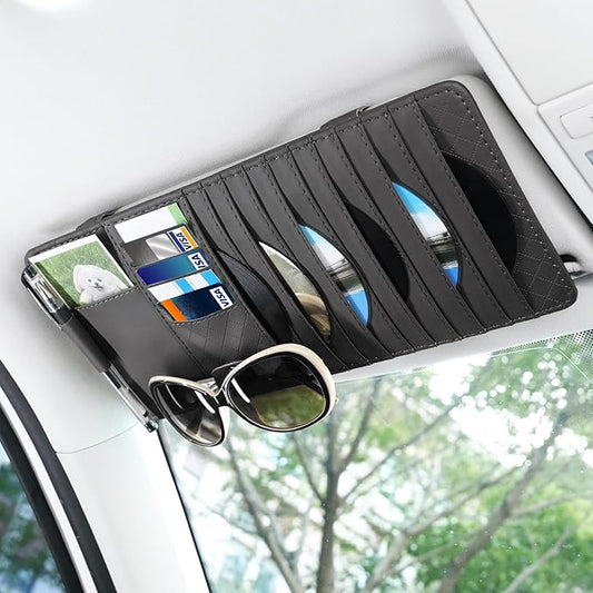 alpmosn Sun Visor CD Case Holder for Car - Multi-Function Visor Organizer with CD/DVD Storage, Eyeglass Clip, Card Slots & Pen Holder, Durable Leather Car Accessories (Black)