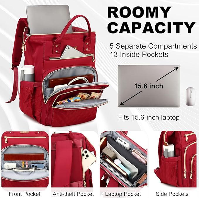 Lunch Backpack, 15.6 inch Laptop Backpack with Insulated Lunch Bag, Backpack Cooler for Women, Large Travel Backpack Lunch Box Compartment, Work Computer Backpack, Teacher College Book Bag, Red