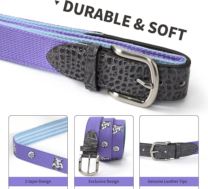 Mile High Life Golf Belts for Men, Canvas Belt with Genuine Leather Tips, Embroidered 2 Layer Web Belt with Pin Buckle