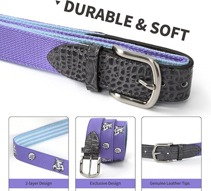 Mile High Life Golf Belts for Men, Canvas Belt with Genuine Leather Tips, Embroidered 2 Layer Web Belt with Pin Buckle