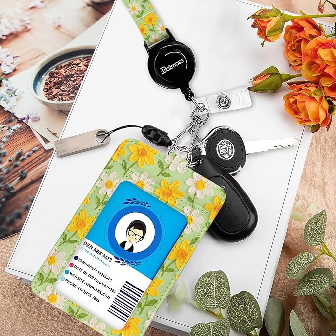 bolimoss Daisy Breakaway Lanyards for Id Badges, Cute Flower Leather Badge Holder with Retractable Adjustable Lanyard ID Name Badge Card Holder with Safety Quick Release Buckles for Women Teacher