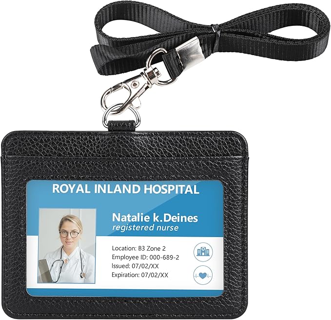 Teskyer Badge Holder with Lanyard, Leather ID Name Badge Card Holder with Lanyard for ID Badges, Horizontal, Lychee Pattern Black
