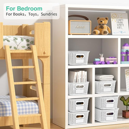 8-Pack White Plastic Storage Baskets with Lids, Label Organizers, Stackable Organizer Containers: For Organizing Shelves, Drawers, Desk Closets, Playrooms, Classrooms, Offices