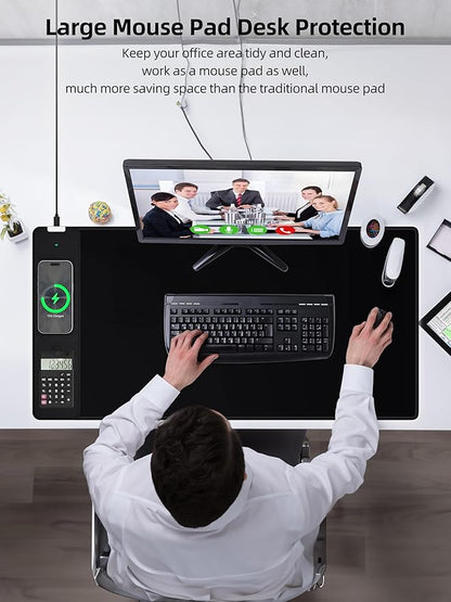 Mouse Pad 31.5x15.75 Inch with Calculator, 15W Magnetic Wireless Charging Desk Mat, XXL Desk Pad, Home Office Large Keyboard Pad with Ultra-Smooth Surface, Non-Slip Base (Black)
