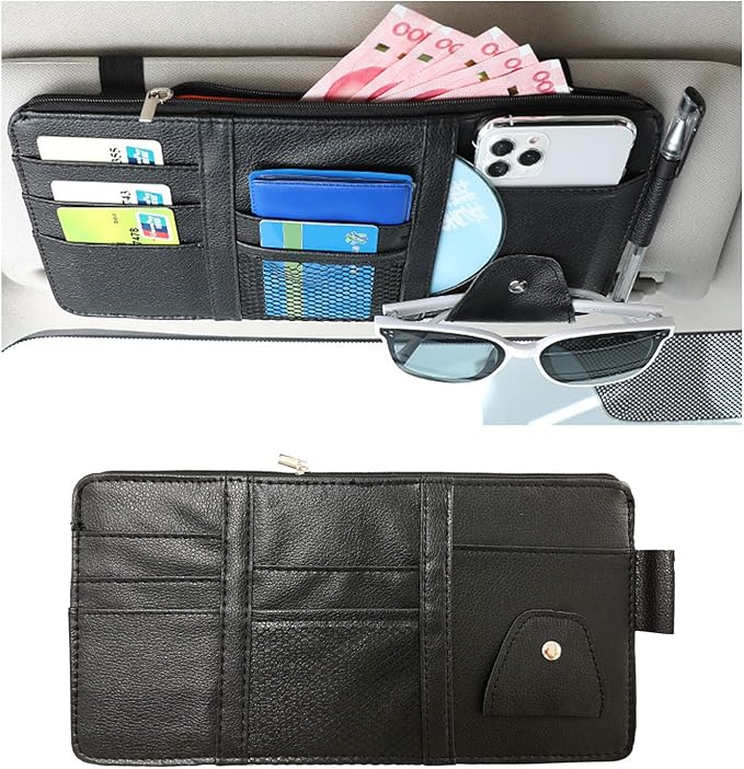 Ohleats Car Sun Visor Organizer, Multifunctional Visor Storage Holder for License Pen Key, Leather Card Cash Pouch with Multi-Pocket Net Zipper, Universal Interior Car Accessories (Black)