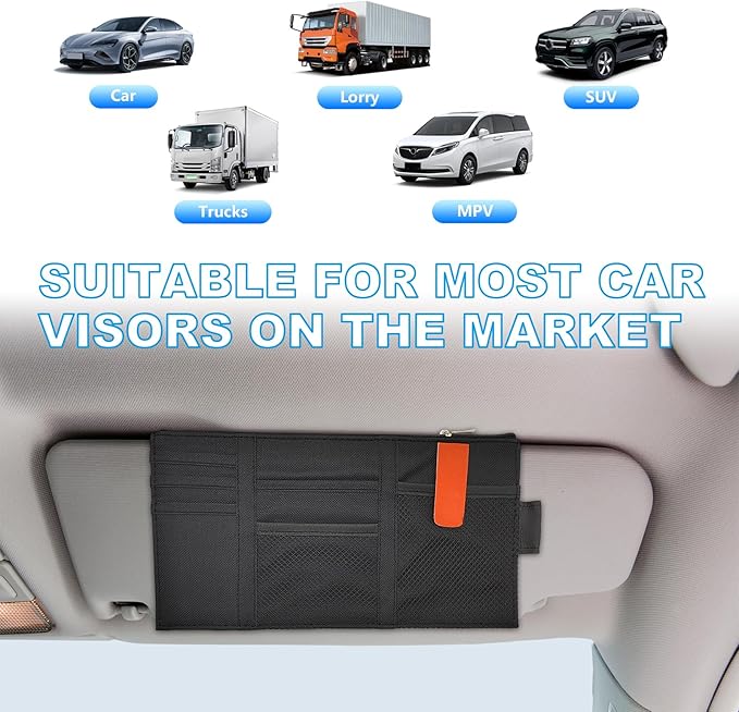 2 PCS Car Sun Visor Organizer, Auto Interior Visor Storage Pouch Holder with Zipper, Multi-Pocket Net Personal Belonging Organizer, Universal Car Accessory for Card, Document (Black)