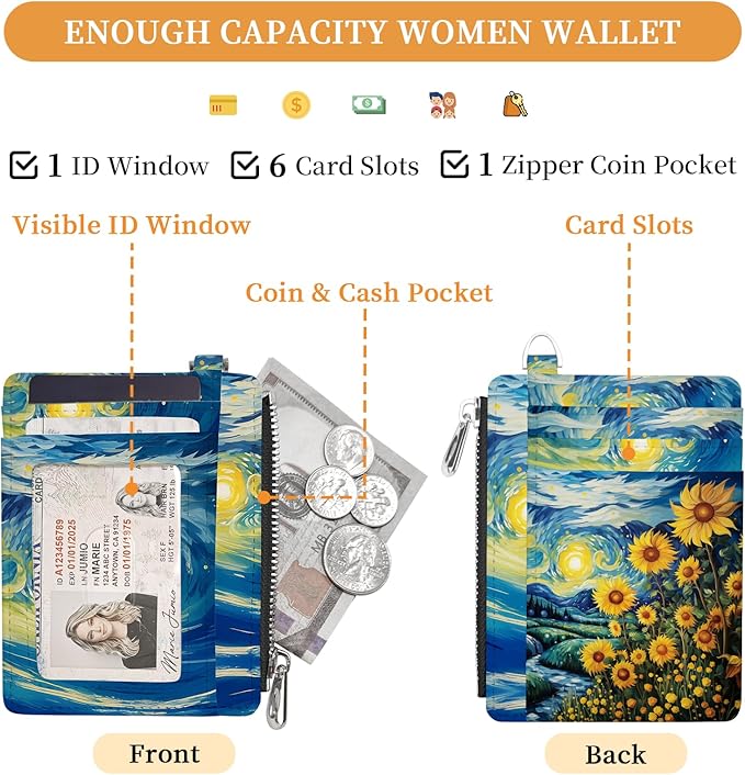 Hancynir Slim Wallet Women Credit Card Holder Sunflowers RFID Small Mini Card Case Front Pocket PU Leather Thin Travel Zipper Coin Cash ID Window Ladies Female Wallet Gifts