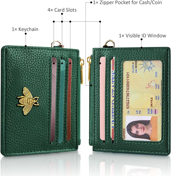 SEAVILIA Card Holder Keychain Wallet for Women with ID Window RFID Blocking Coin Purse Bee Gifts Slim Minimalist Small PU Leather