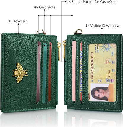 SEAVILIA Card Holder Keychain Wallet for Women with ID Window RFID Blocking Coin Purse Bee Gifts Slim Minimalist Small PU Leather