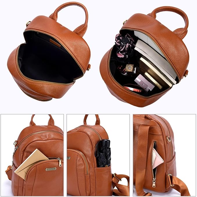Blofinche Women's Genuine Leather Backpack Purse, 12.9 Inch Laptop Backpack with Anti-Theft Pocket, Stylish Leather Bag for Work & College, Fashion Brown