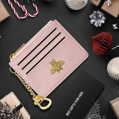 SEAVILIA Card Holder Keychain Wallet for Women with ID Window RFID Blocking Coin Purse Bee Gifts Slim Minimalist Small PU Leather
