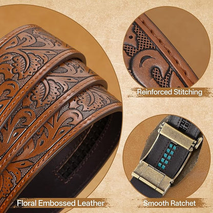 Cowboy Western Ratchet Belt for Men Women with Automatic Western Buckle, Ratchet Cowboy Leather Belt for Jeans Gifts
