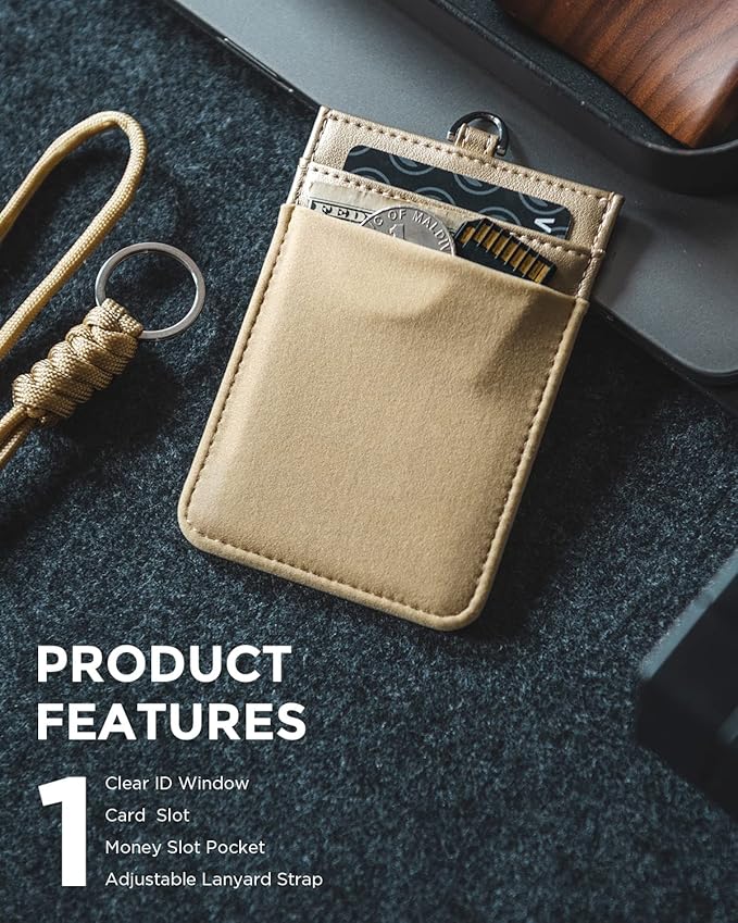VULKIT ID Badge Holder with Lanyard for Women and Men Vertical Leather Badge Holder with Clear ID Window Card Holder Slot and Money Pocket Gold