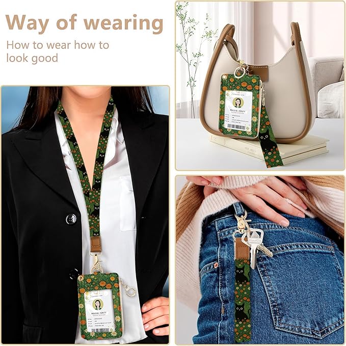 bolimoss Black Cat Lanyard Wallet with ID Badge Holder Cute Daisy Small Zipper Credit Card Holders with Breakaway Wristlet & Neck Lanyard, RFID Leather ID Name Badg for Teacher Nurse Women Work