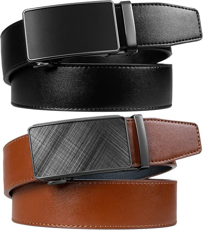 Founders & C Mens Belt 2 Pack,Leather Ratchet Click Belt Dress with Slide Buckle 1 3/8" in Gift Set Box- Size Adjustable