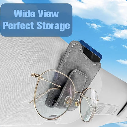 Car Sunglasses Holder - Visor Clip Style & Magnetic Plush Leather Construction Doubles as Credit Card & Fuel Card Box with Storage Pocket &Holds Sunglasses