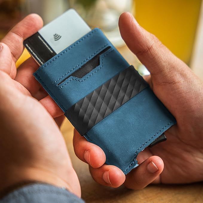 Hacksmith The Smith Wallet – Slim RFID Blocking Wallet for Men – Minimalist Front Pocket Wallet with Money Clip Band – Tactical Leather and Metal Wallets for Credit Cards & Cash (Pacific Blue)