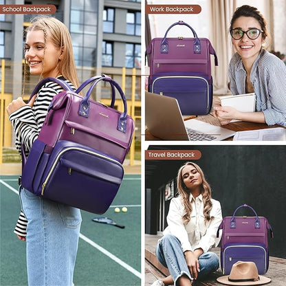 LOVEVOOK Leather Laptop Backpack for Women 15.6 inch,Travel Purse Nurse Teacher Carry On Backpack Computer Bag,Professional College Business Work Bags with USB Port,Brown