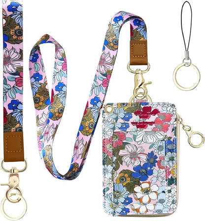 bolimoss 2-in-1 Floral Lanyard Wallet & ID Badge Holder, Vertical Leather ID Card Name Badge Holders with Small Zip ID Case Breakaway Wristlet & Cute Neck Lanyard for Offices, Woker, Teacher, Students