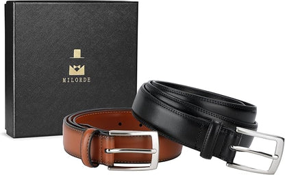 MILORDE Men's Leather Dress Belt 2Pack, Handmade, Genuine Leather, Fashion & Classic Designs for Work Business and Casual
