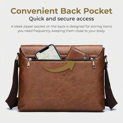 Vintage PU Leather Mens Messenger Bag - Slim Crossbody Shoulder Bag for Work, Travel & Daily Commute Casual Tablet Satchel