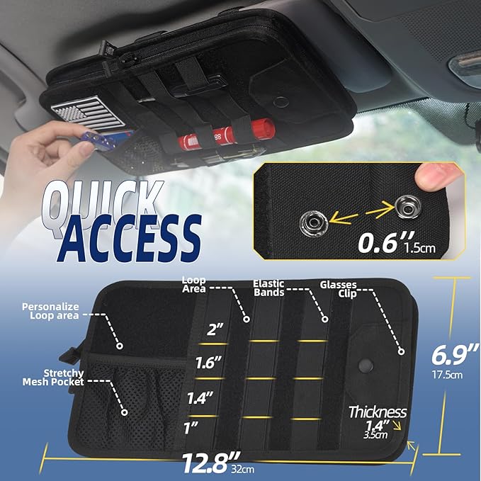 BXBXHD Molle Car Sun Visor Organizer, Car Accessories with Zipper Visor Storage Pouch & Glasses Clip, Molle Panel for Tactical Gears, Fits Most Vehicles, SUVs, Trucks(Black)