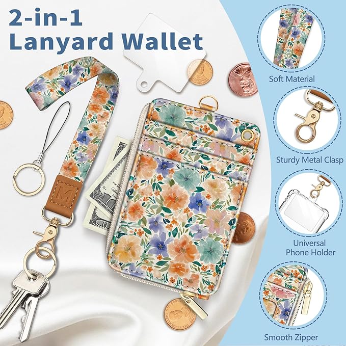 Lanyard Wallet with Id Badge Holder, Flower RFID Small Keychain Wallet Women Wristlet, Cute Zipper Credit Card Holder Phone Wrist Neck Strap for Key Name Tag, Teacher Student Office Gifts