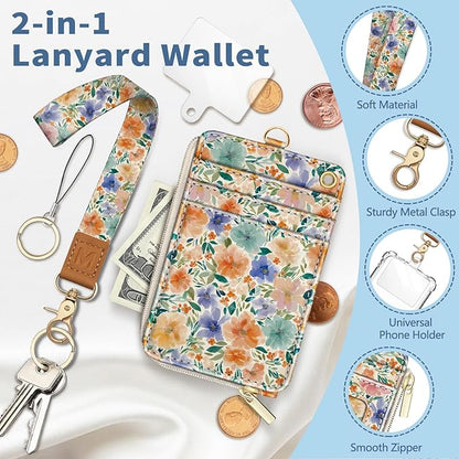 Lanyard Wallet with Id Badge Holder, Flower RFID Small Keychain Wallet Women Wristlet, Cute Zipper Credit Card Holder Phone Wrist Neck Strap for Key Name Tag, Teacher Student Office Gifts